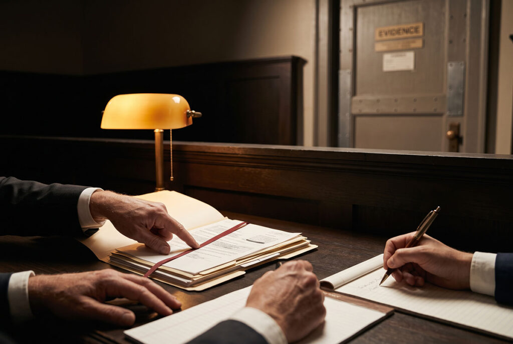 A mentor reviews a case file in private while the public evidence door remains closed.