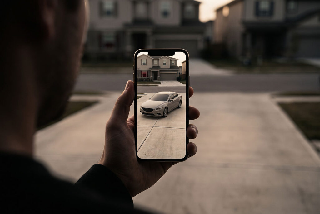 A phone shows a digital car anchored in an empty driveway, illustrating spatial confirmation through WebAR.