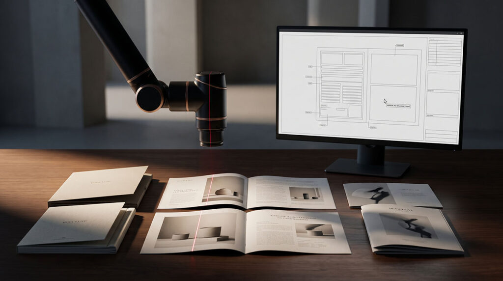 A robotic scanner ignores a polished brand presentation and returns only a sparse wireframe.