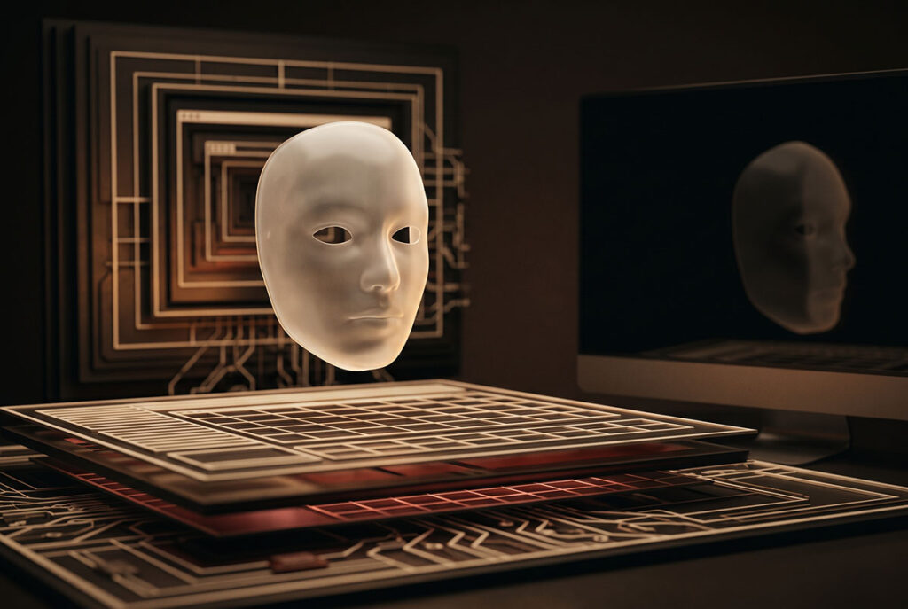 A smooth software avatar mask hides backend complexity, showing psychological camouflage in enterprise software