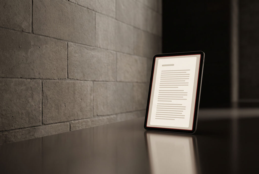 A tablet shows a complete native document inside a feed, illustrating value delivered where the audience already is.