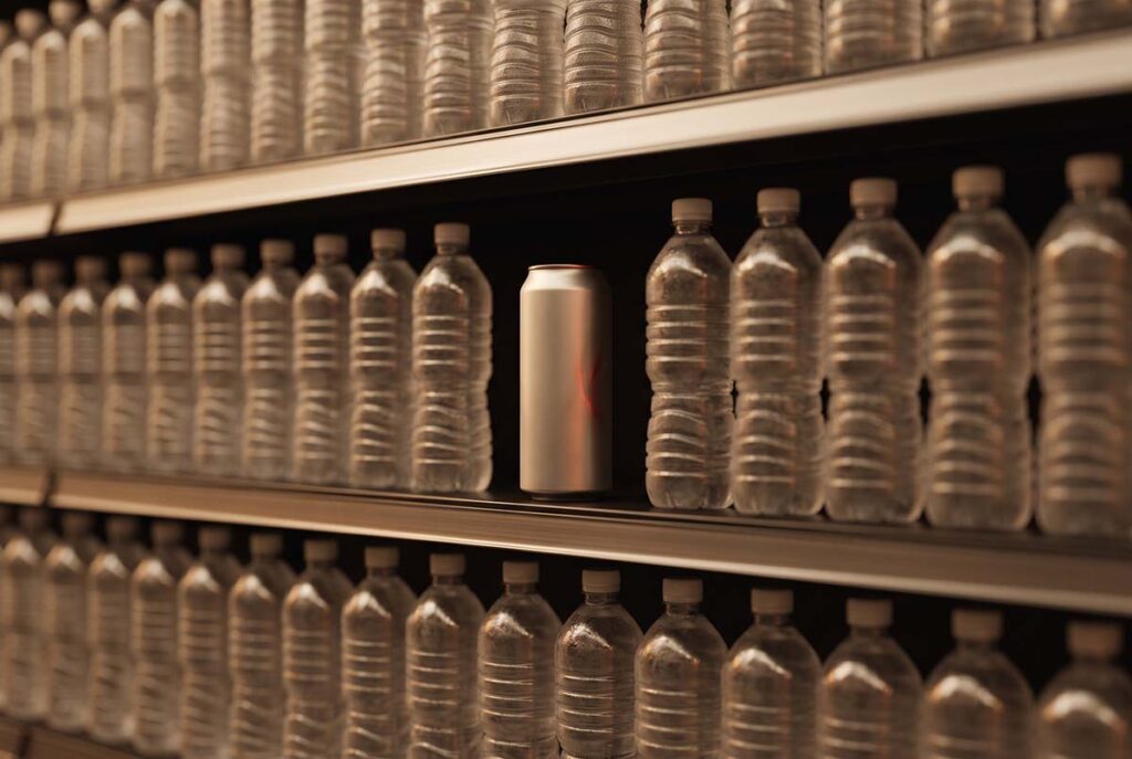 A tall can stands out among similar water bottles, illustrating meaningless distinctiveness