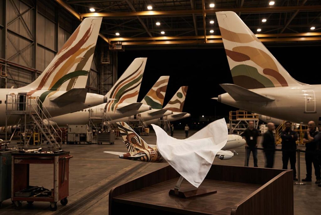 Abstract tail fins in a hangar with a handkerchief descending over a model aircraft tail