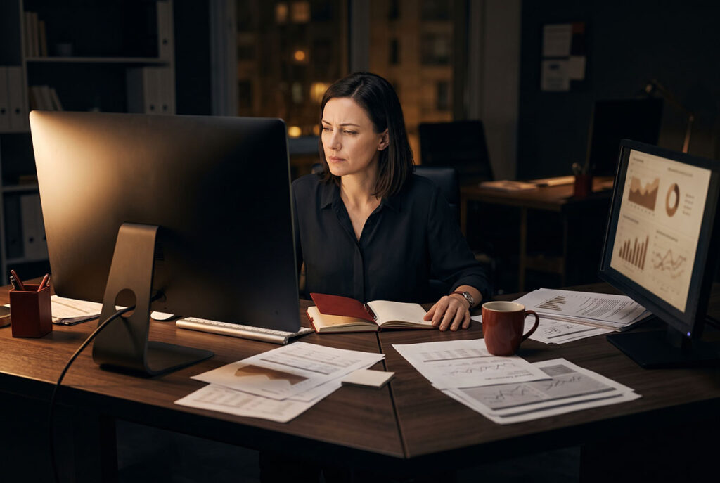 Analyst compares conflicting reports, illustrating the data mirage in post-tracking attribution.