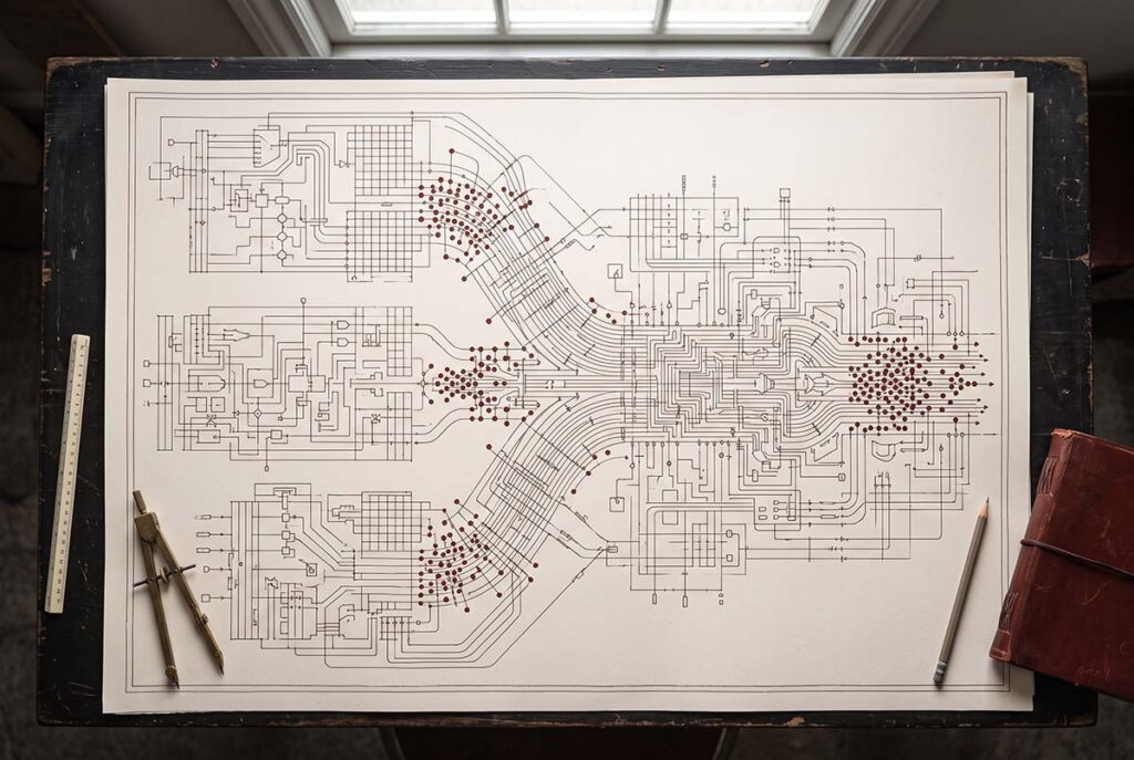Blueprint-style revenue architecture showing separate lanes converging into one system.