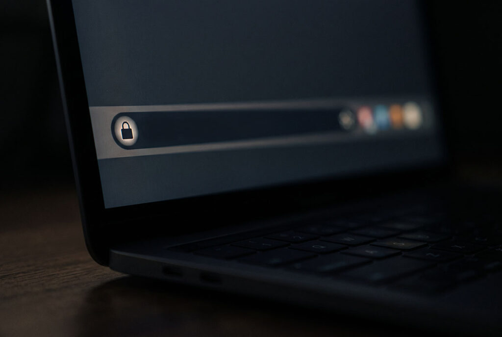 Close-up of a browser lock icon in sharp focus against a dark defocused laptop screen, representing cryptographic verification and zero-trust content standards.