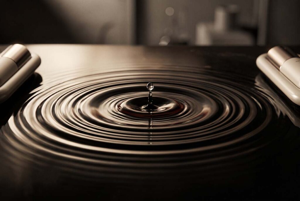 Concentric rings spread across dark reflective water, suggesting repeated reinforcement becoming habit.