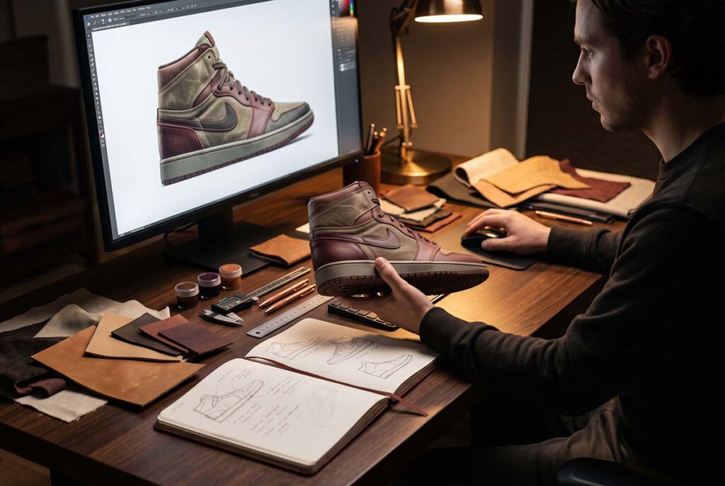 Customer completing a custom sneaker design, illustrating effort justification, self-efficacy, and endowment effect.