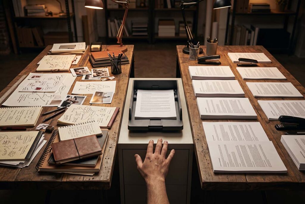 Distinctive strategy archives become uniform corporate documents, illustrating work slop and lost institutional knowledge.