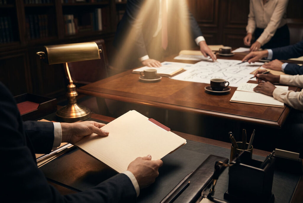 Hands carry a work folder into a decision space, illustrating exposure as signal routing in promotion