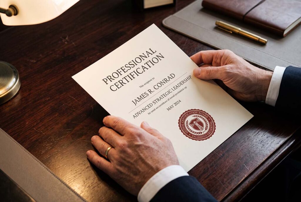 Hands holding an official certification document on a dark desk, representing identity integration when brand narrative fuses with professional self-concept