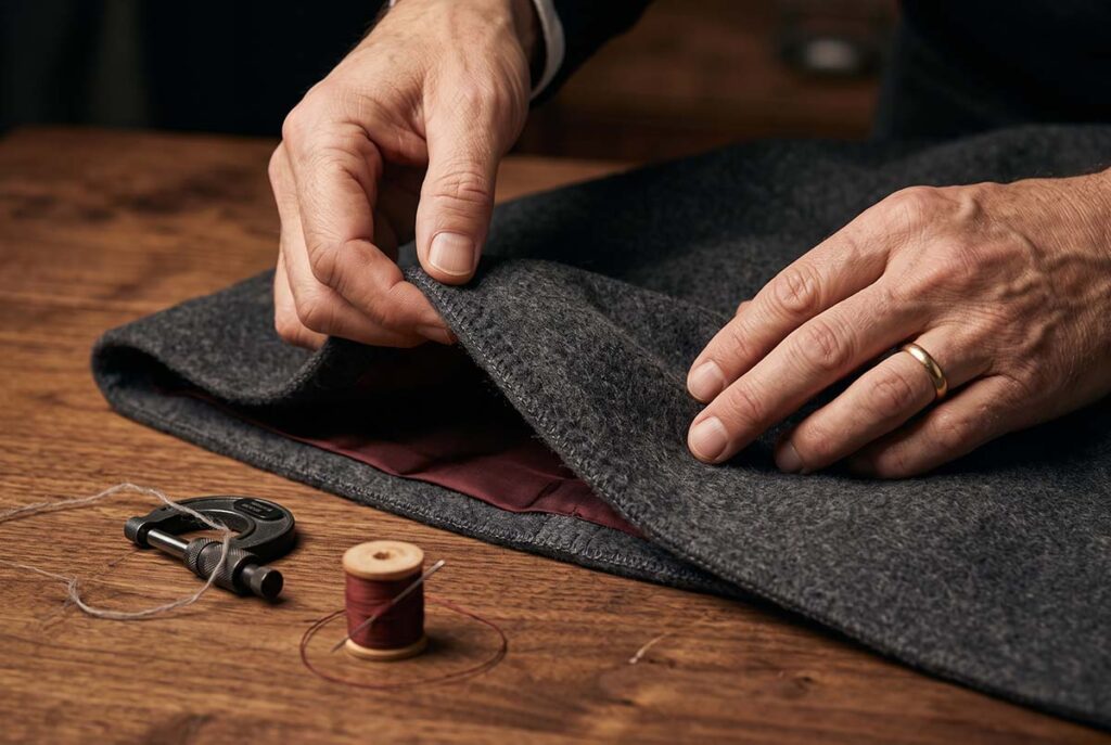 Hands inspect cashmere fibers and seam detail, showing cultural capital and material proof in quiet luxury