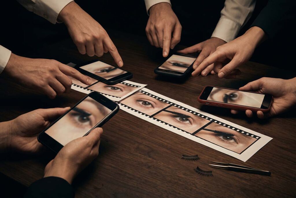 Hands inspect creator footage frame by frame as false lashes become evidence in a parasocial trust breach.