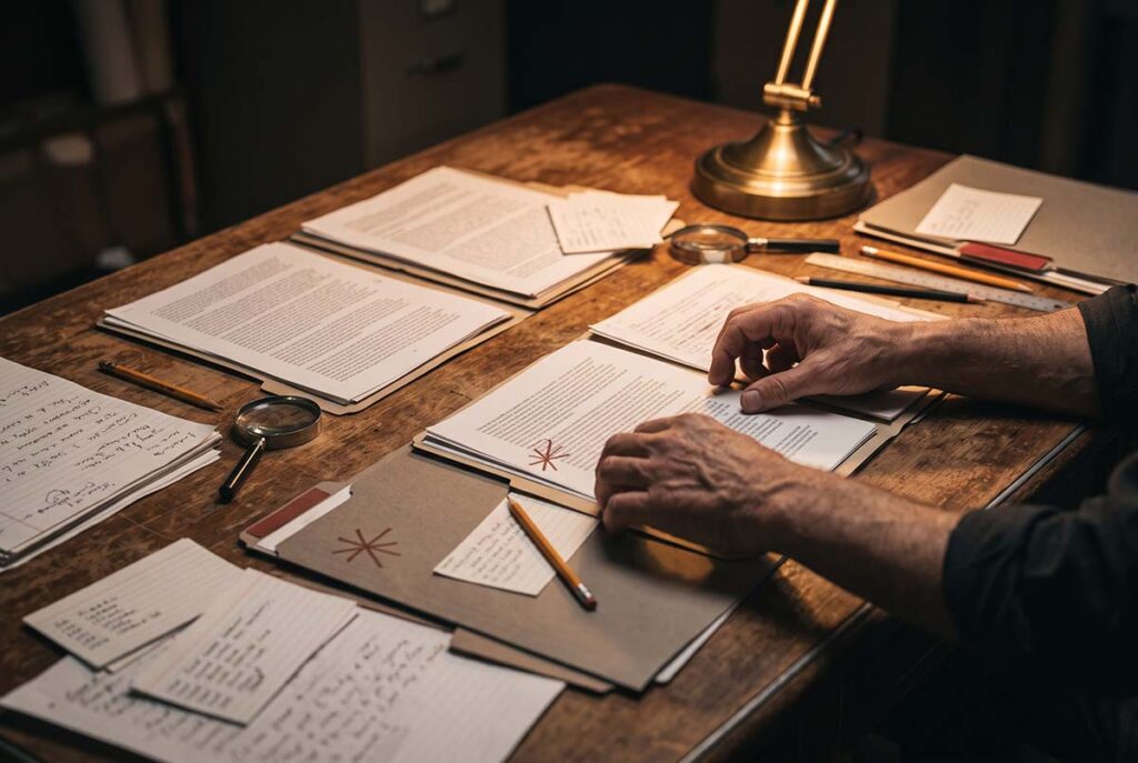 Hands verify documents and reviews on a desk, illustrating the truth layer behind AI search visibility.