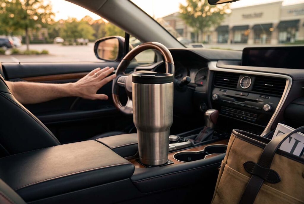 Insulated tumbler in a suburban car showing a product reassigned as a status object