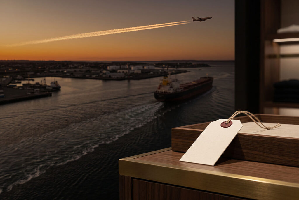 Jet above cargo ship visualizing the speed mismatch between marketing claims and slower business operations.