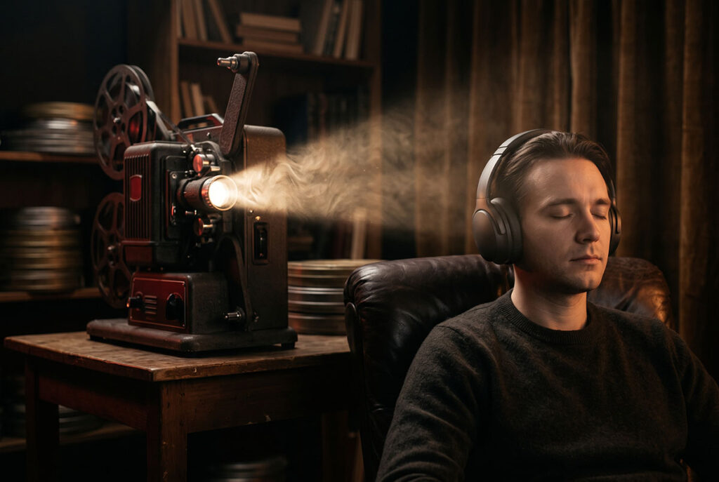 Listener in headphones with eyes closed as memory turns sound into a private film, showing co-created meaning