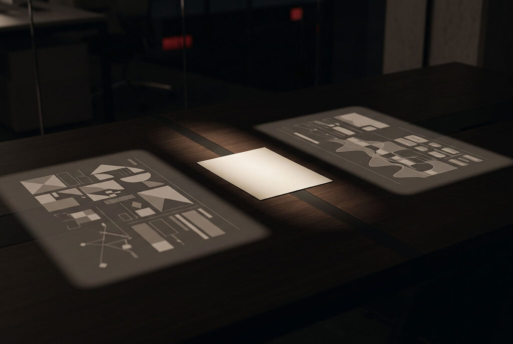 Minimal exchange across a dark table, representing zero-party data as declared intent for utility.
