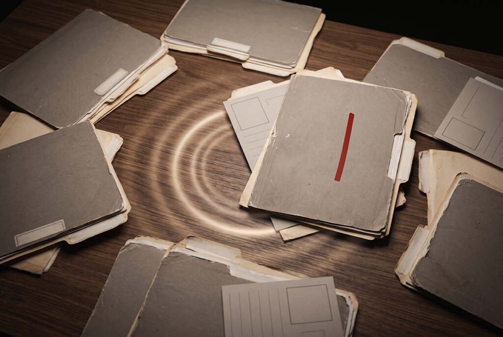 Multiple file folders and profile cards sit slightly misaligned on a dark desk, illustrating entity resolution across scattered records.