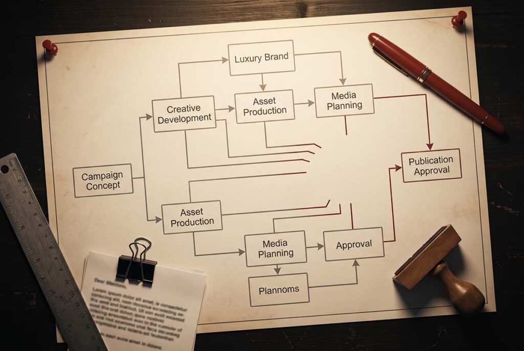 Organizational chart showing the missing ethics review layer in Balenciaga’s campaign approval process