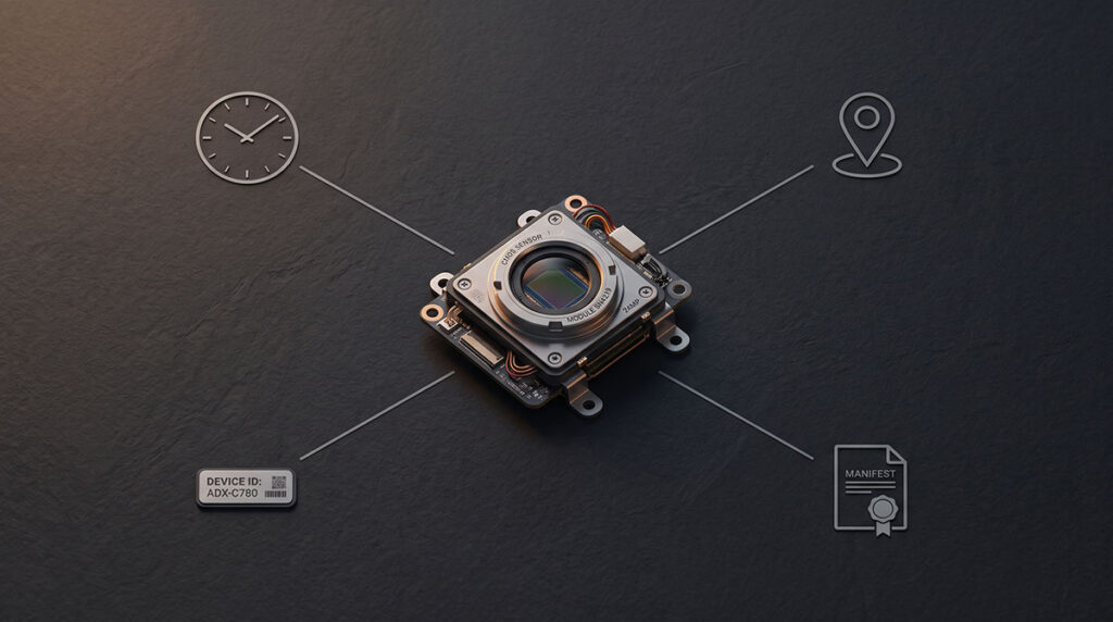 Overhead diagram of a camera sensor with lines connecting to timestamp, GPS, device ID, and C2PA manifest icons illustrating provenance assertions.