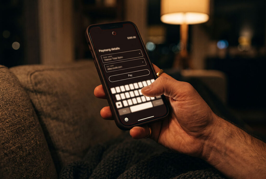 Phone checkout buried by a large keyboard, showing cognitive friction and friction stacking on mobile