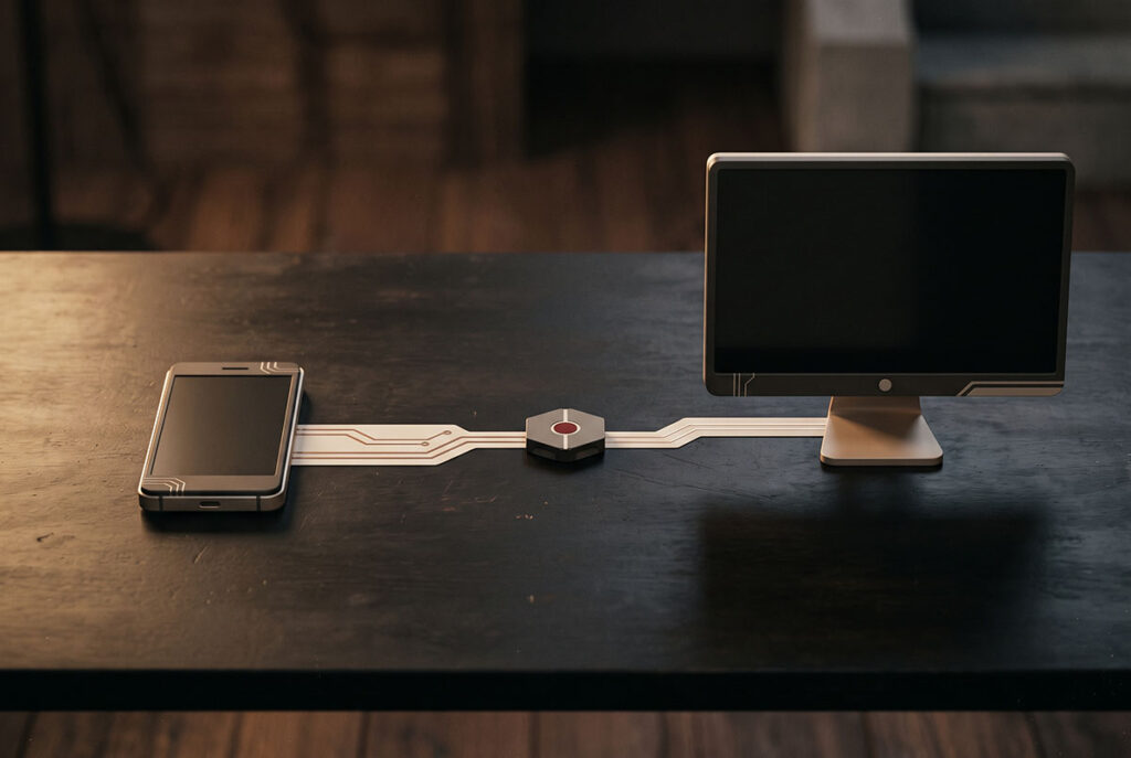 Smartphone and desktop forms connected through a central node representing identity graph resolution across devices.