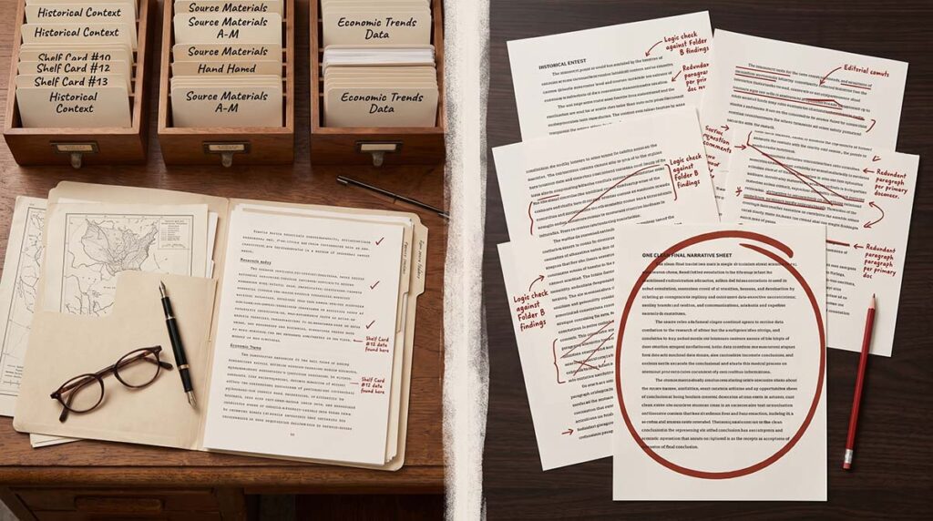 Split image comparing a librarian’s reference desk with an editor’s marked-up desk.