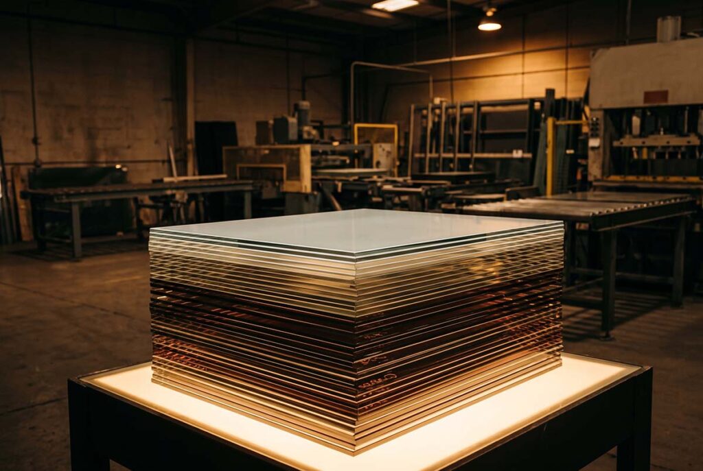 Stacked translucent layers in a quiet factory represent ad stacking and fraudulent inventory passing viewability tests.