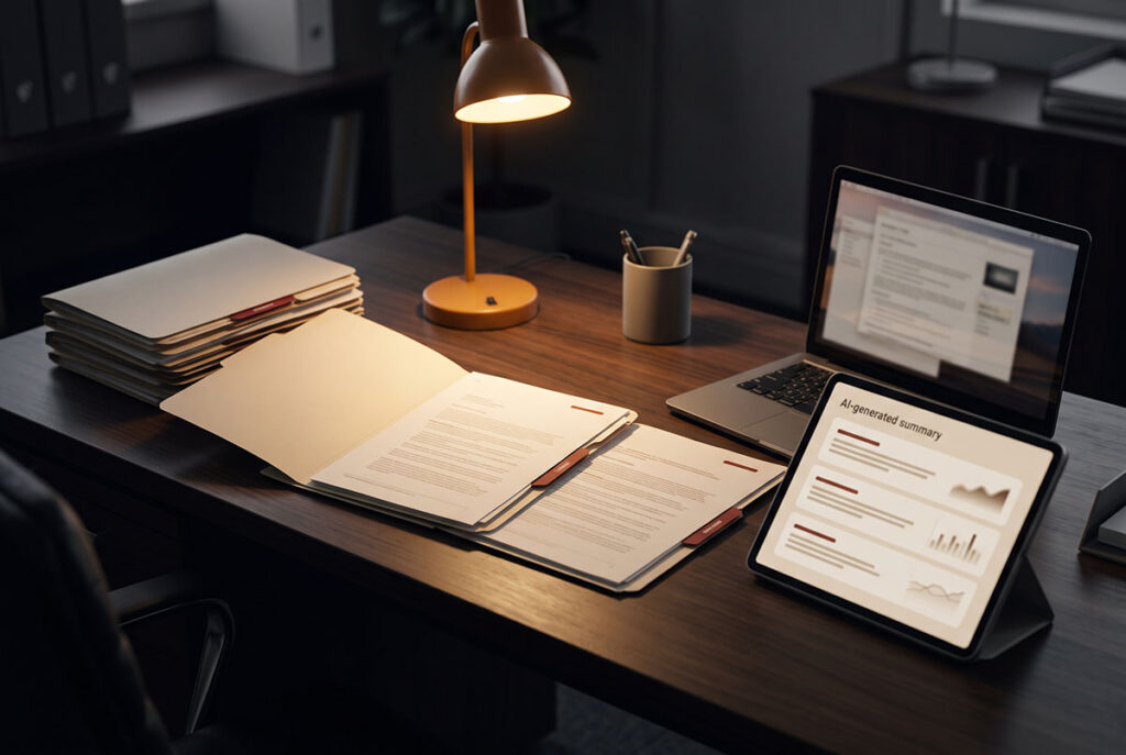 Three vendor dossiers are selected while excluded folders remain in shadow beside an AI shortlist