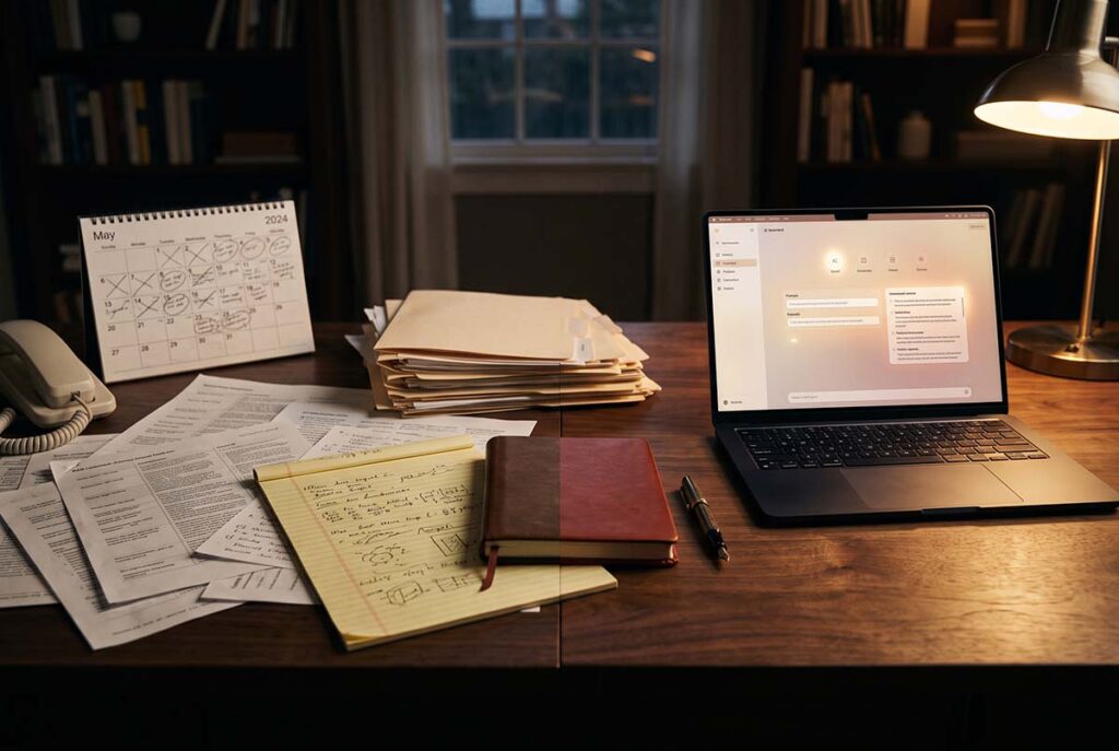 Traditional vendor research materials sit beside a single AI session that compresses B2B evaluation into seconds.