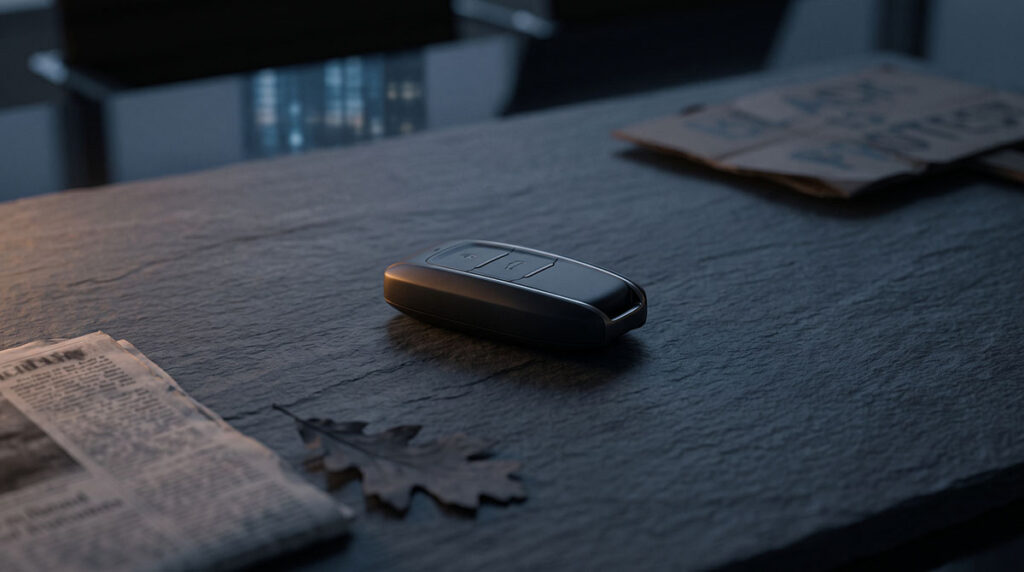 Unbranded car key surrounded by cultural signals, showing brand meaning as status and identity.