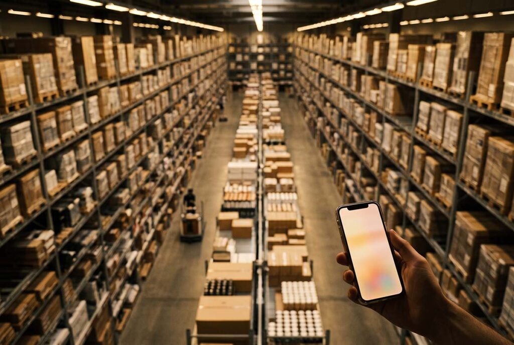 Vast warehouse fades behind a phone, showing how AI eligibility logic collapses the marketplace