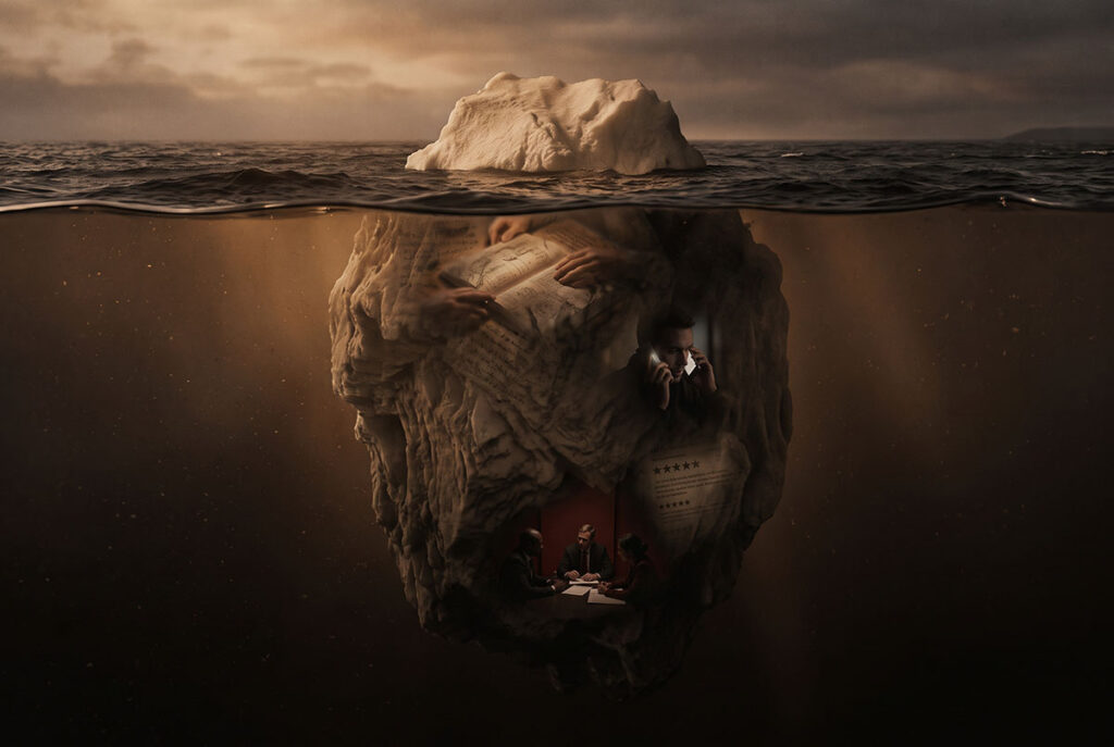 Warm editorial iceberg showing the hidden B2B dark funnel beneath visible buyer activity