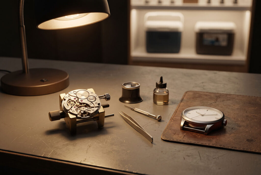 Watch movement and simple watch illustrating the utility ceiling in premium brand psychology