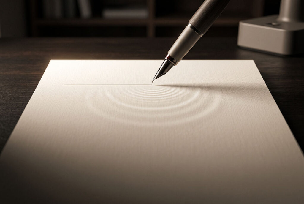 A blank page and pen are lit from above, suggesting the opening declaration of an entity home.