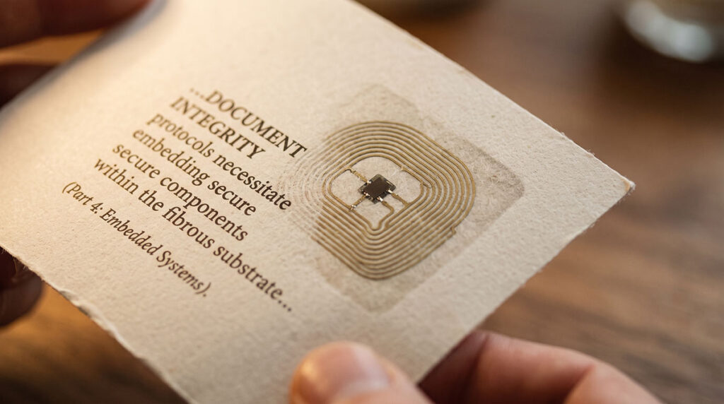 A close-up of layered print material revealing a hidden NFC antenna and chip beneath the paper surface.