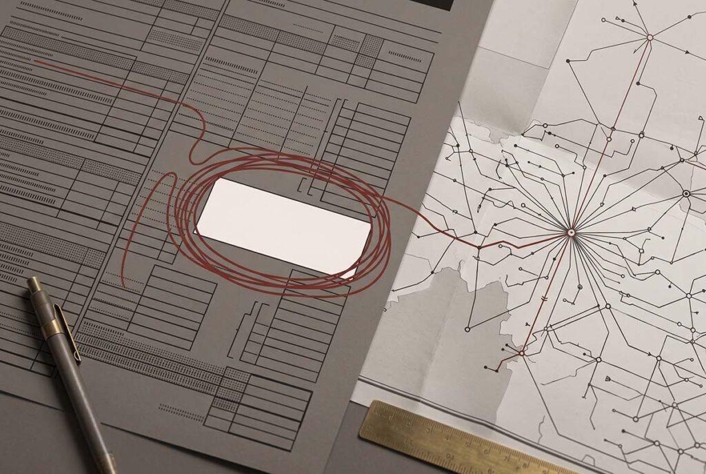 A financial worksheet beside a procurement map shows an unresolved calculation circled in oxblood.