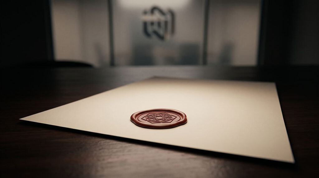 A formal document with a geometric oxblood wax seal rests on dark wood, suggesting cryptographic proof of identity.