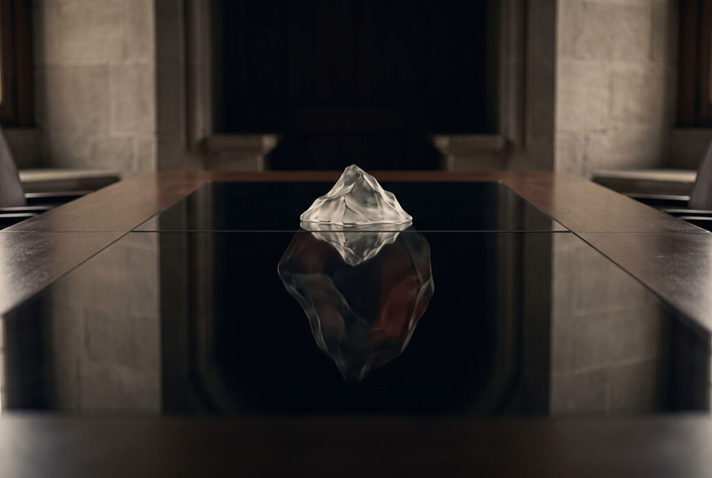 A glass iceberg form on a dark table suggests hidden trust beneath visible marketing metrics.