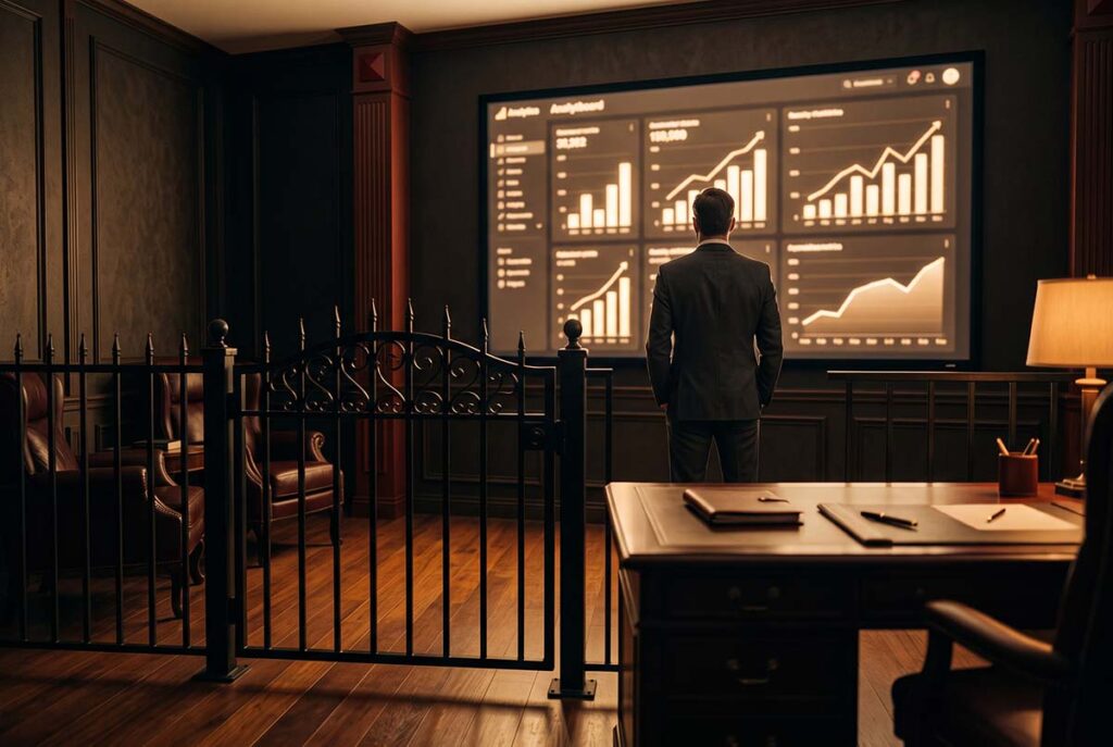A healthy dashboard glows while a shadowed gate blocks access, showing the AI visibility blind spot.