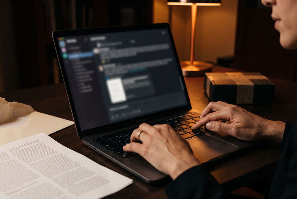 A professional privately shares an opened document, representing dark social and high-friction engagement.