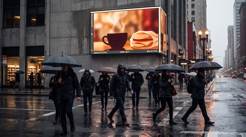 A rainy city street with a digital billboard serving a warm breakfast message because weather conditions triggered the ad.