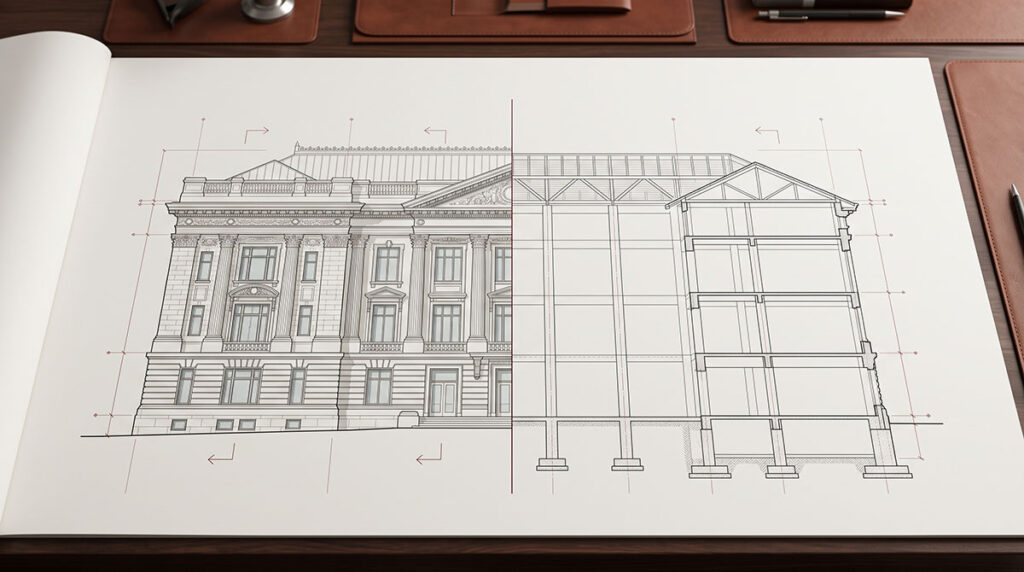 An ornate building facade contrasted with its clean structural skeleton.