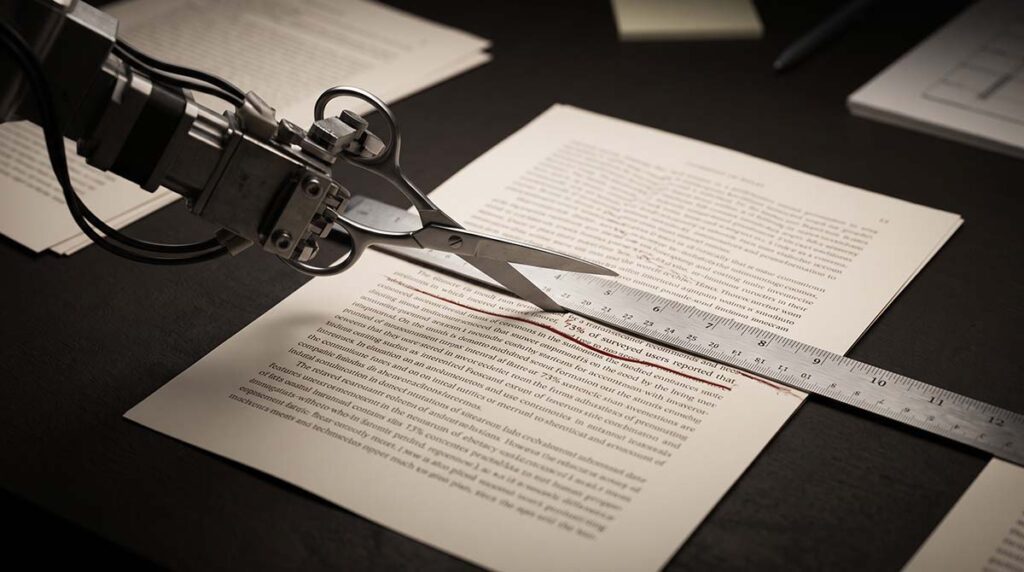 A ruler and scissors cut a printed essay into fragments, separating sentences and data from context.