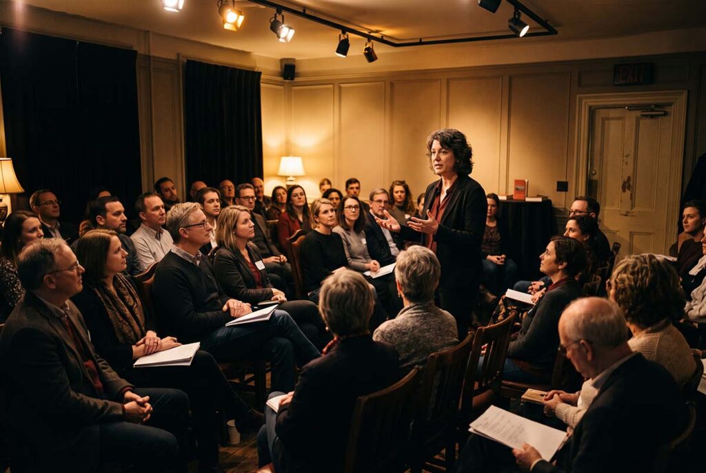 A speaker among the audience illustrates zero-click content delivering full value where attention already is.