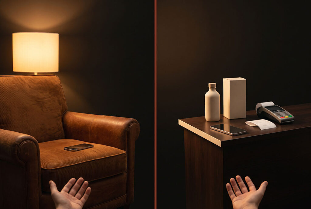 A split scene shifts from intimate advice to a sales counter, showing a creator reclassified as a salesperson.