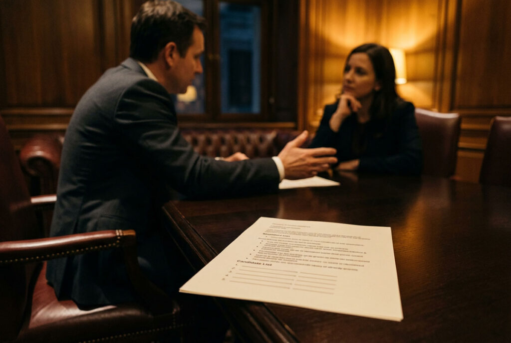 A vendor shortlist on the table as peer conversation provides the human trust that final B2B decisions require.