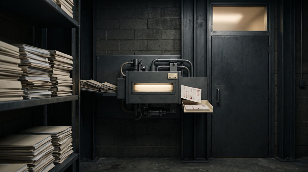 An AI evidence scanner filters generic content before a closed decision chamber.