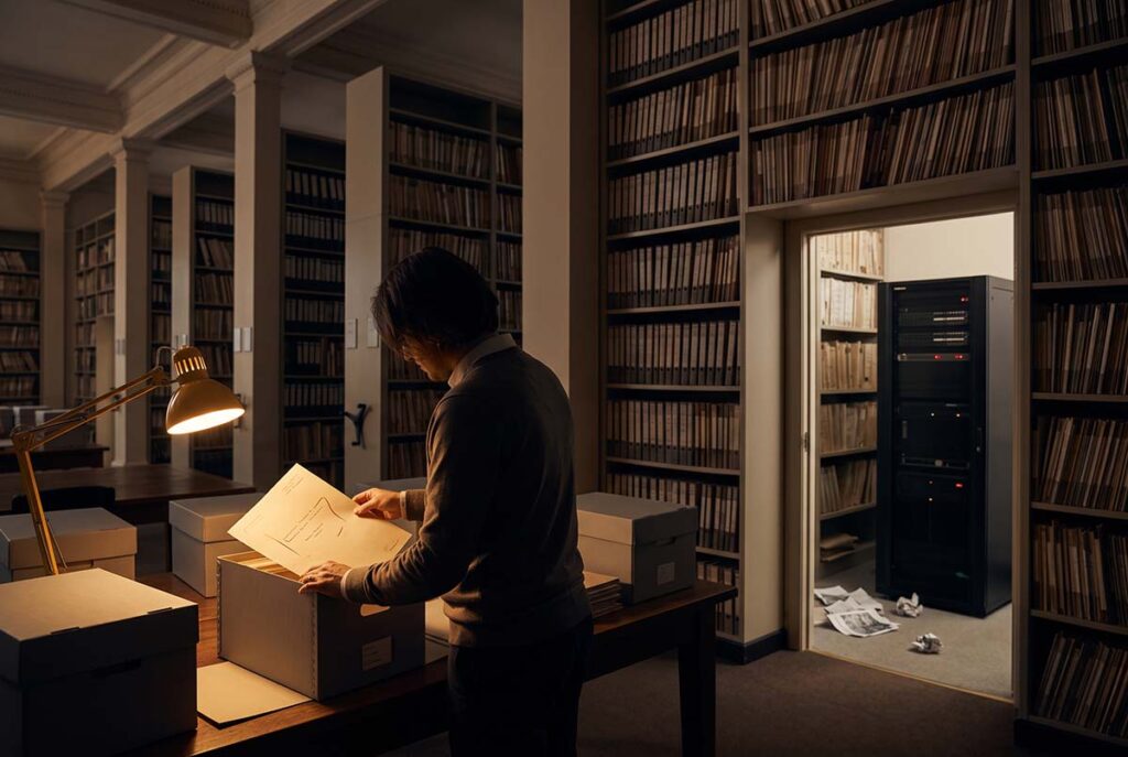 An archivist preserves original records beside a server, representing data accumulation and AI anchored to human knowledge.